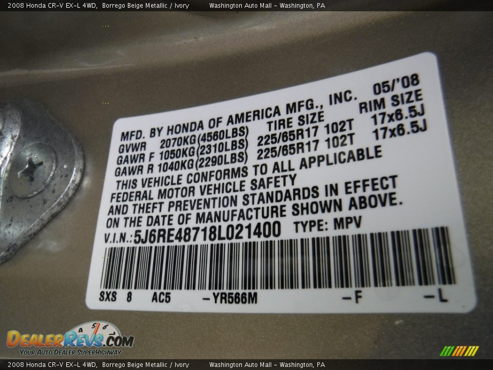 2008 Honda CR-V EX-L 4WD Borrego Beige Metallic / Ivory Photo #24