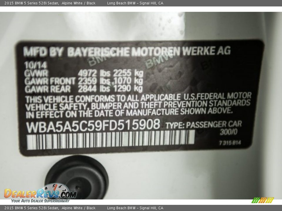 2015 BMW 5 Series 528i Sedan Alpine White / Black Photo #16