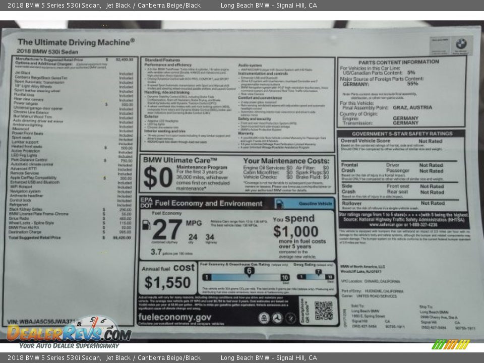 2018 BMW 5 Series 530i Sedan Jet Black / Canberra Beige/Black Photo #9