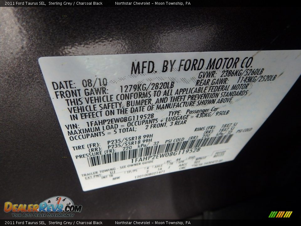 2011 Ford Taurus SEL Sterling Grey / Charcoal Black Photo #29