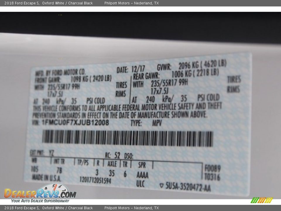 2018 Ford Escape S Oxford White / Charcoal Black Photo #35