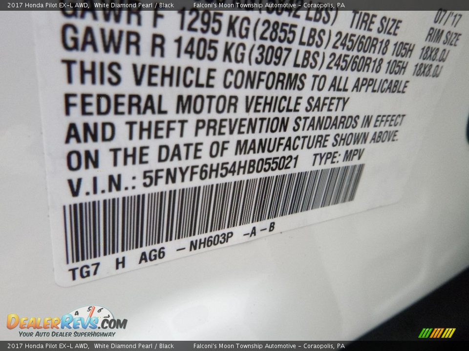 2017 Honda Pilot EX-L AWD White Diamond Pearl / Black Photo #12