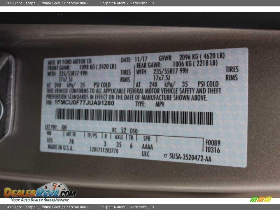 2018 Ford Escape S White Gold / Charcoal Black Photo #36