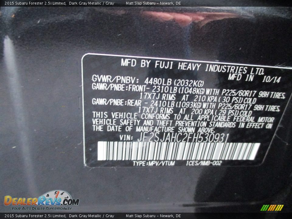 2015 Subaru Forester 2.5i Limited Dark Gray Metallic / Gray Photo #16