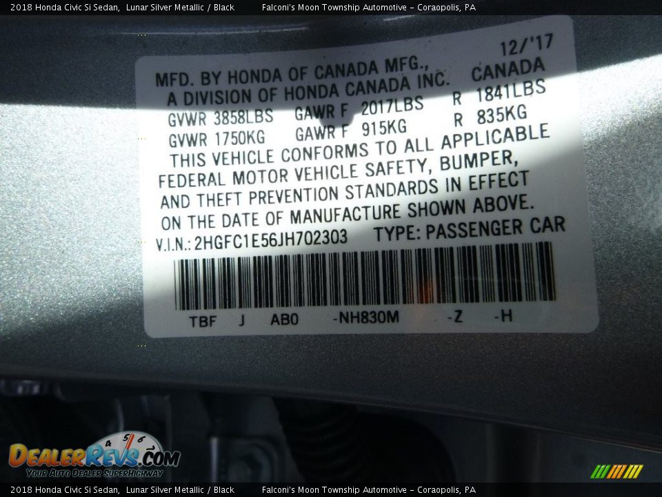 2018 Honda Civic Si Sedan Lunar Silver Metallic / Black Photo #12