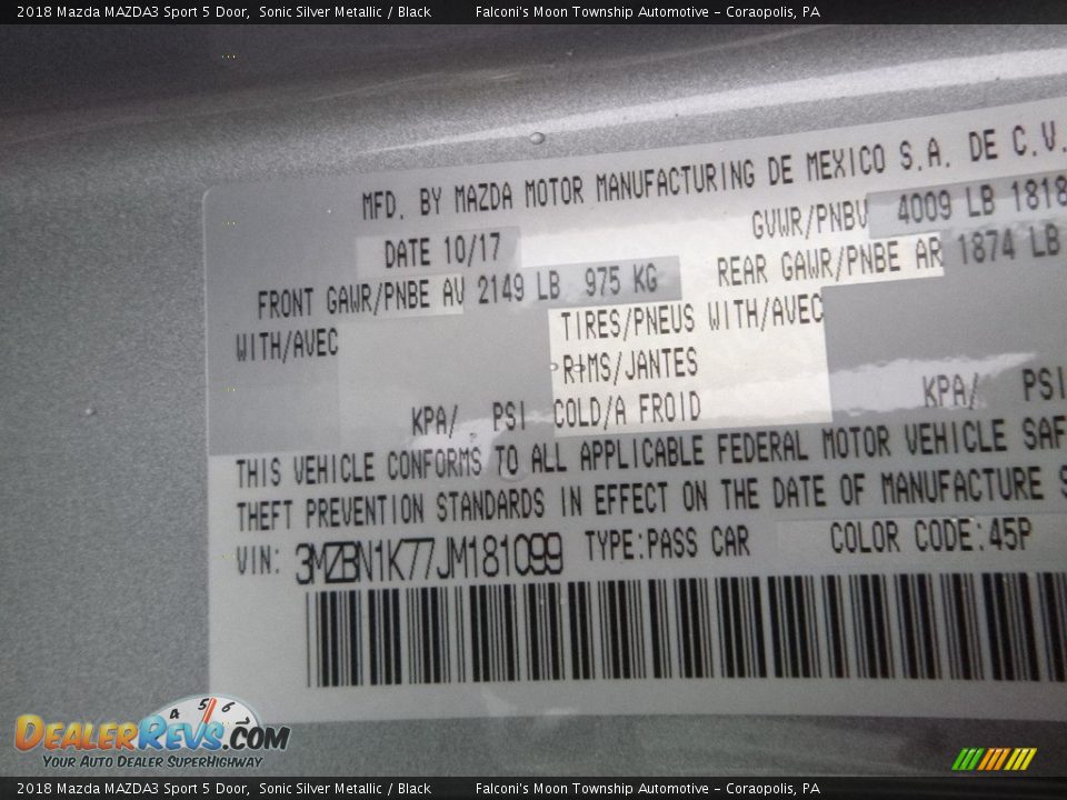 2018 Mazda MAZDA3 Sport 5 Door Sonic Silver Metallic / Black Photo #12