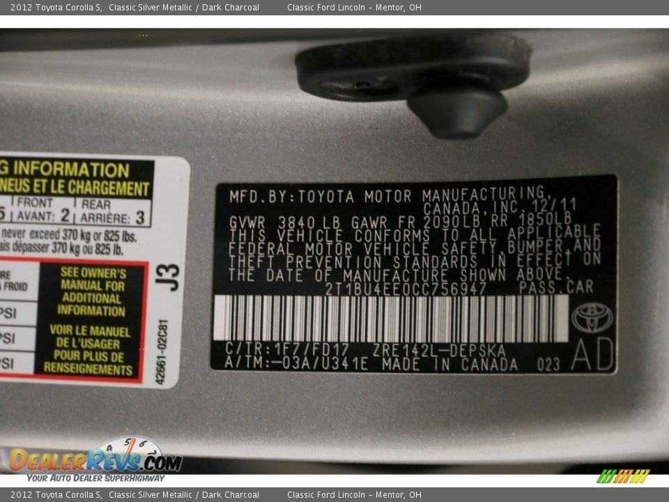 2012 Toyota Corolla S Classic Silver Metallic / Dark Charcoal Photo #19
