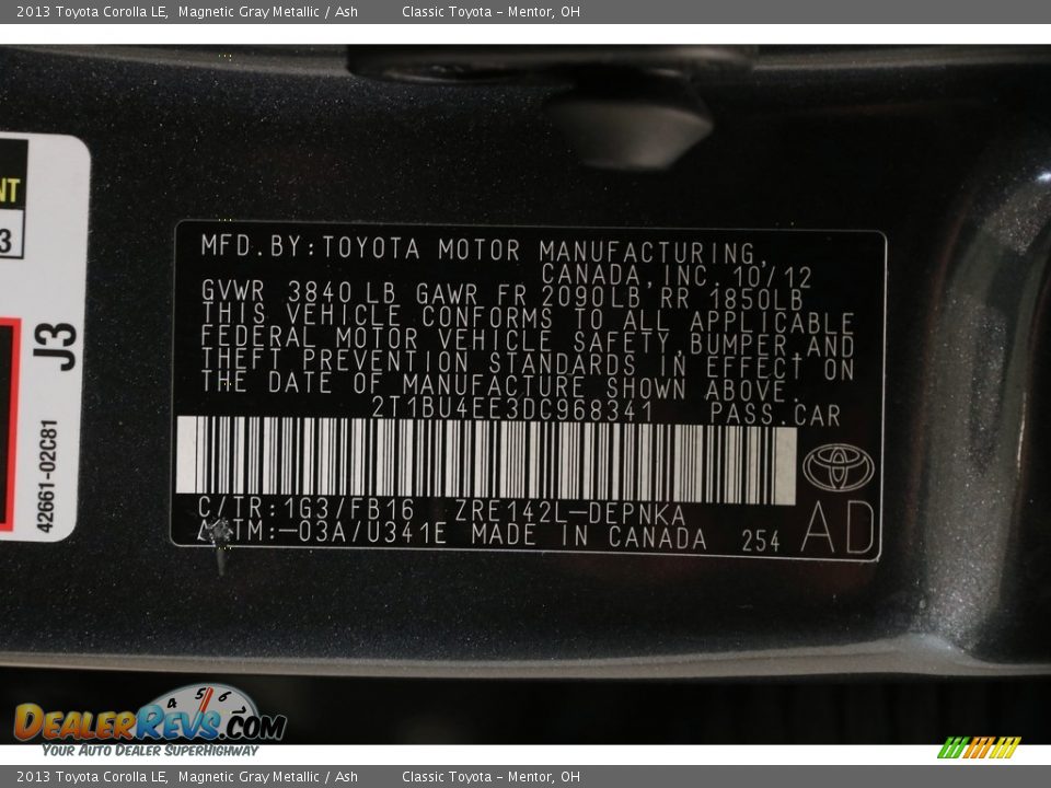 2013 Toyota Corolla LE Magnetic Gray Metallic / Ash Photo #17