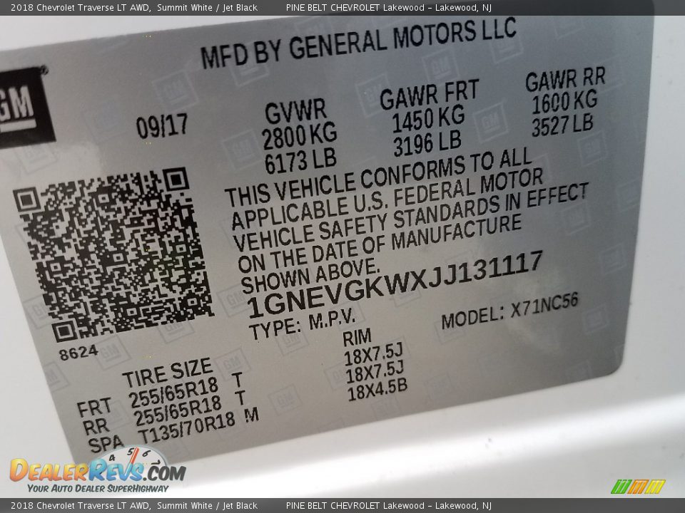 2018 Chevrolet Traverse LT AWD Summit White / Jet Black Photo #9