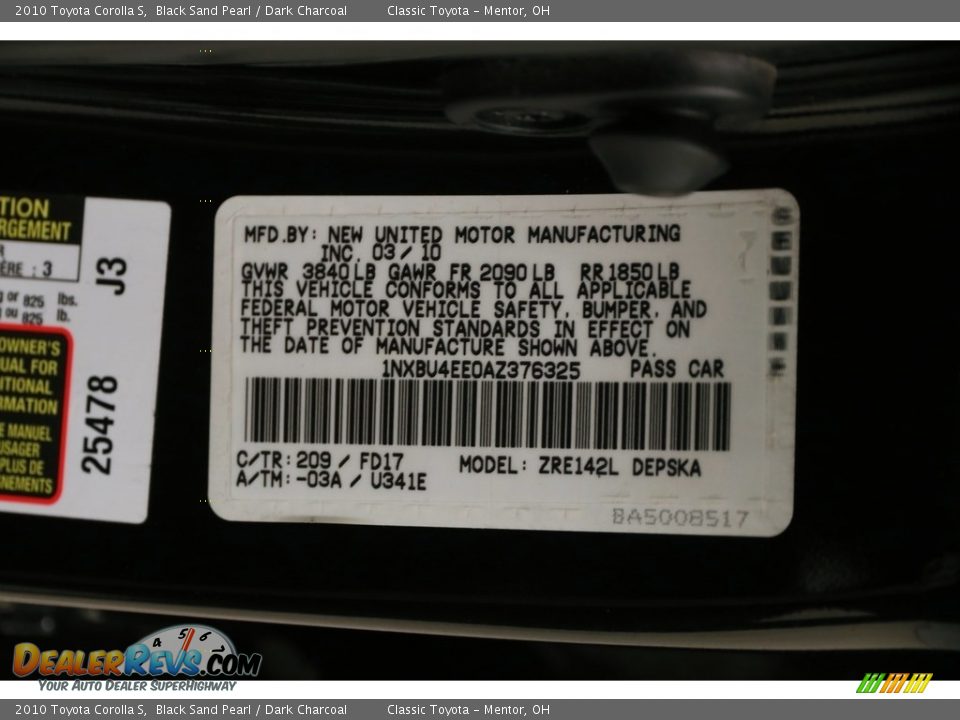 2010 Toyota Corolla S Black Sand Pearl / Dark Charcoal Photo #18