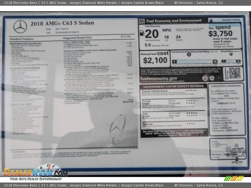 2018 Mercedes-Benz C 63 S AMG Sedan designo Diamond White Metallic / designo Saddle Brown/Black Photo #12