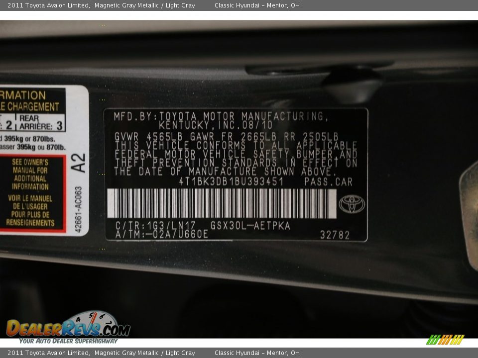 2011 Toyota Avalon Limited Magnetic Gray Metallic / Light Gray Photo #27