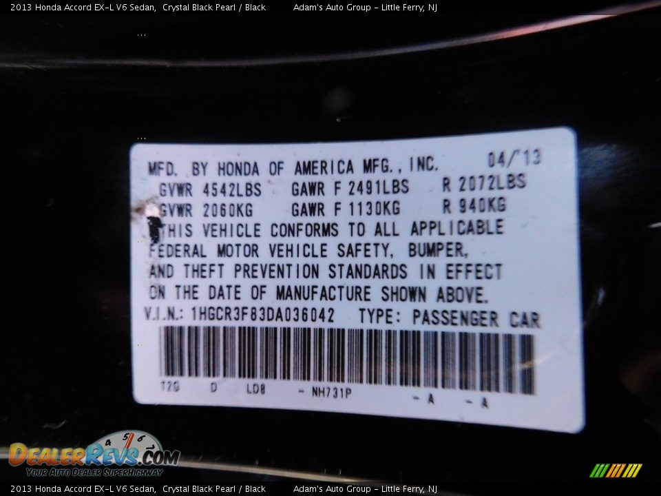 2013 Honda Accord EX-L V6 Sedan Crystal Black Pearl / Black Photo #35