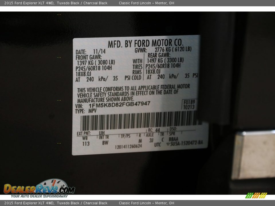 2015 Ford Explorer XLT 4WD Tuxedo Black / Charcoal Black Photo #21