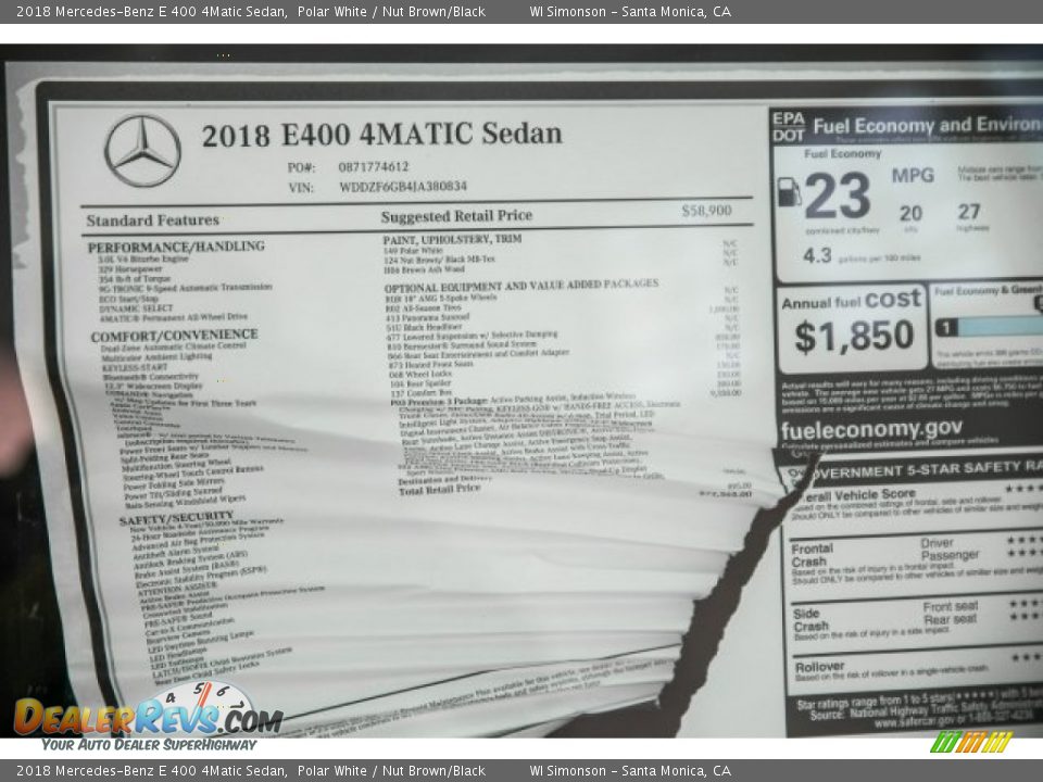 2018 Mercedes-Benz E 400 4Matic Sedan Polar White / Nut Brown/Black Photo #10
