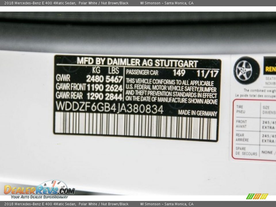 2018 Mercedes-Benz E 400 4Matic Sedan Polar White / Nut Brown/Black Photo #11