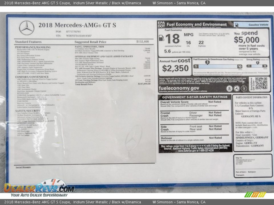 2018 Mercedes-Benz AMG GT S Coupe Window Sticker Photo #13