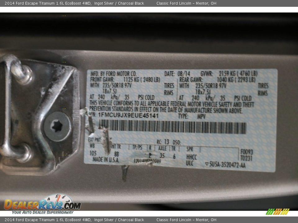 2014 Ford Escape Titanium 1.6L EcoBoost 4WD Ingot Silver / Charcoal Black Photo #19