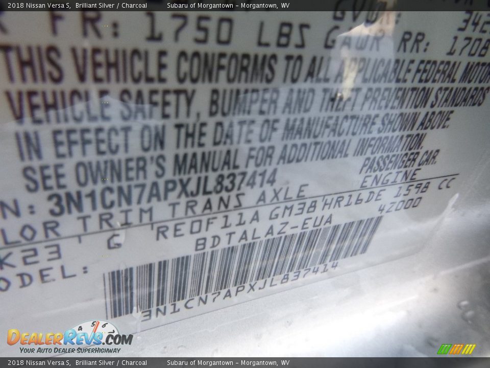 2018 Nissan Versa S Brilliant Silver / Charcoal Photo #16