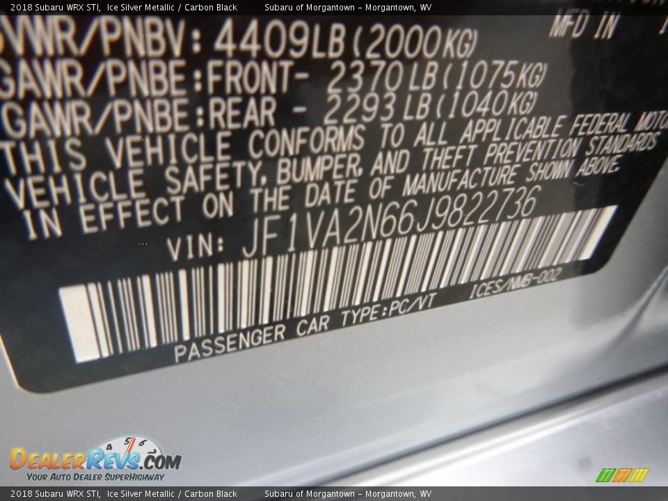 2018 Subaru WRX STI Ice Silver Metallic / Carbon Black Photo #14