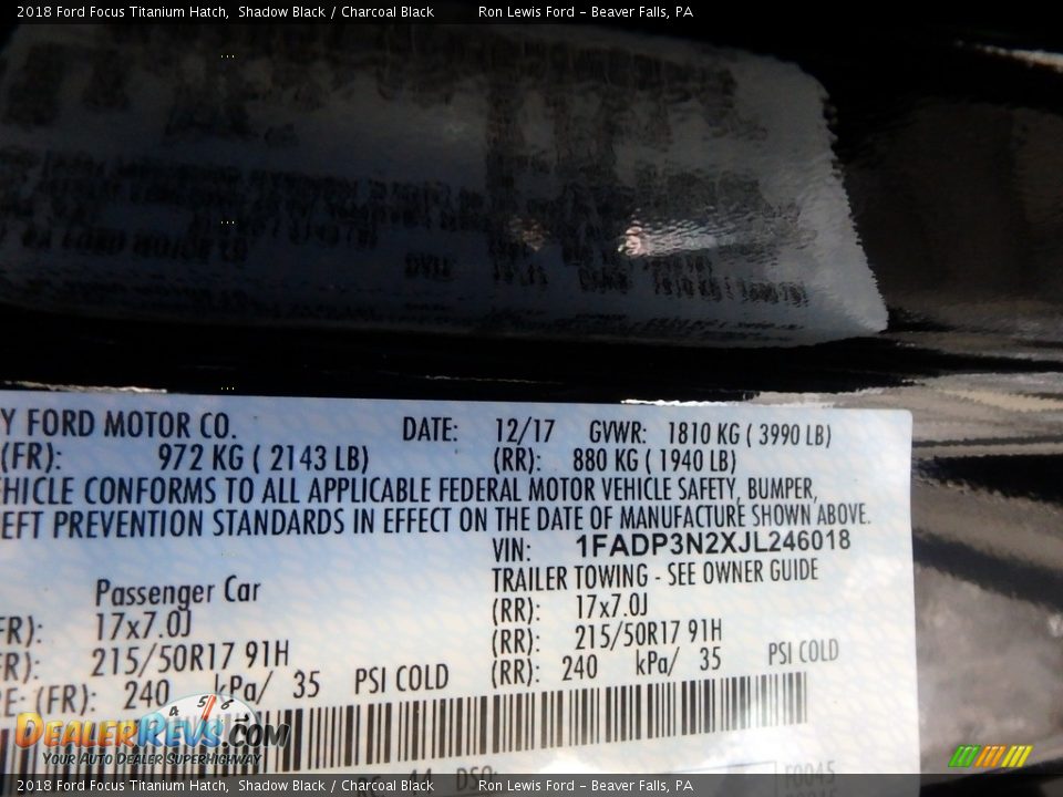 2018 Ford Focus Titanium Hatch Shadow Black / Charcoal Black Photo #15