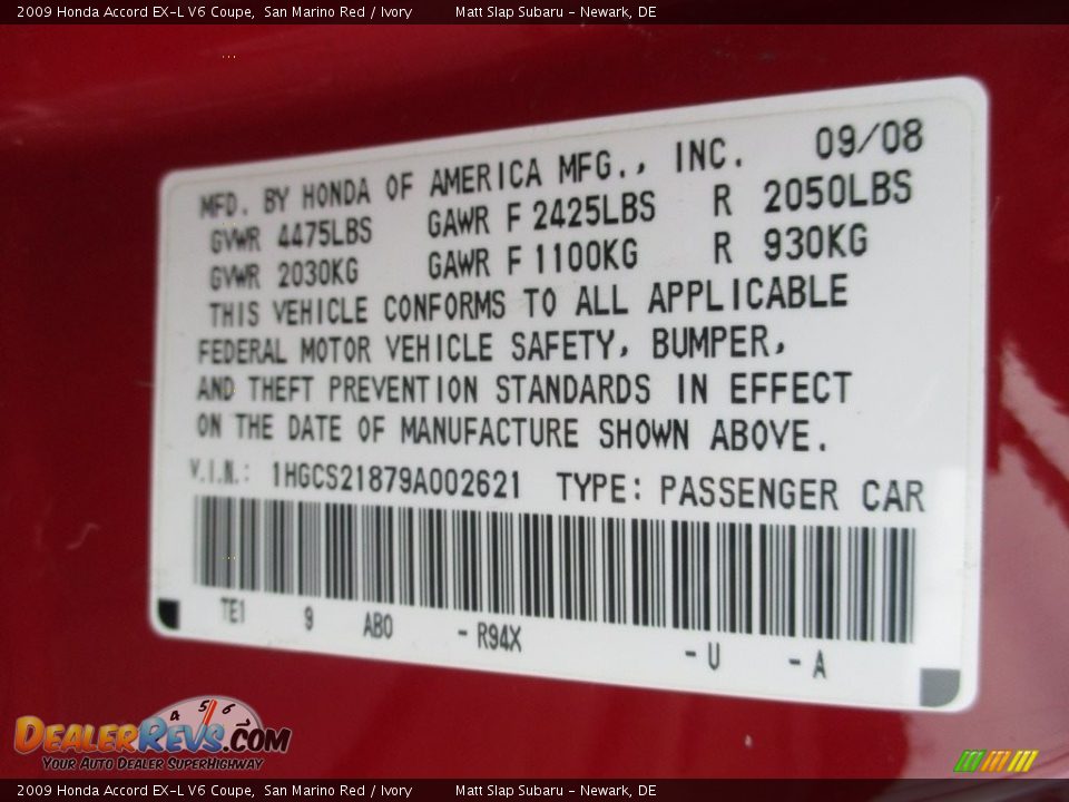 2009 Honda Accord EX-L V6 Coupe San Marino Red / Ivory Photo #25