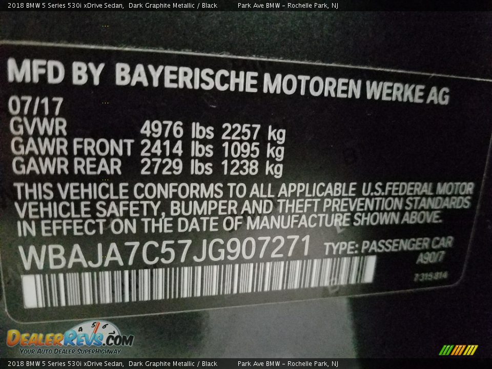 2018 BMW 5 Series 530i xDrive Sedan Dark Graphite Metallic / Black Photo #29