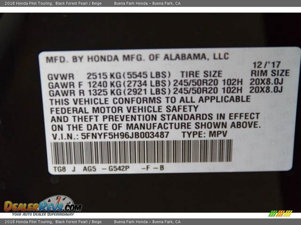 2018 Honda Pilot Touring Black Forest Pearl / Beige Photo #21