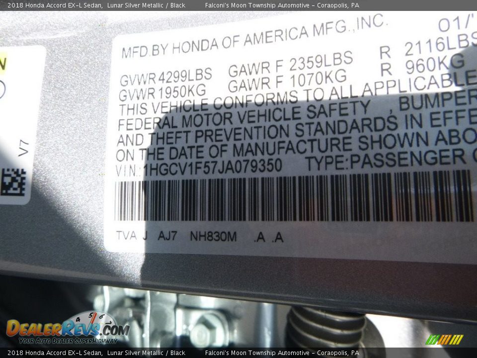 2018 Honda Accord EX-L Sedan Lunar Silver Metallic / Black Photo #12