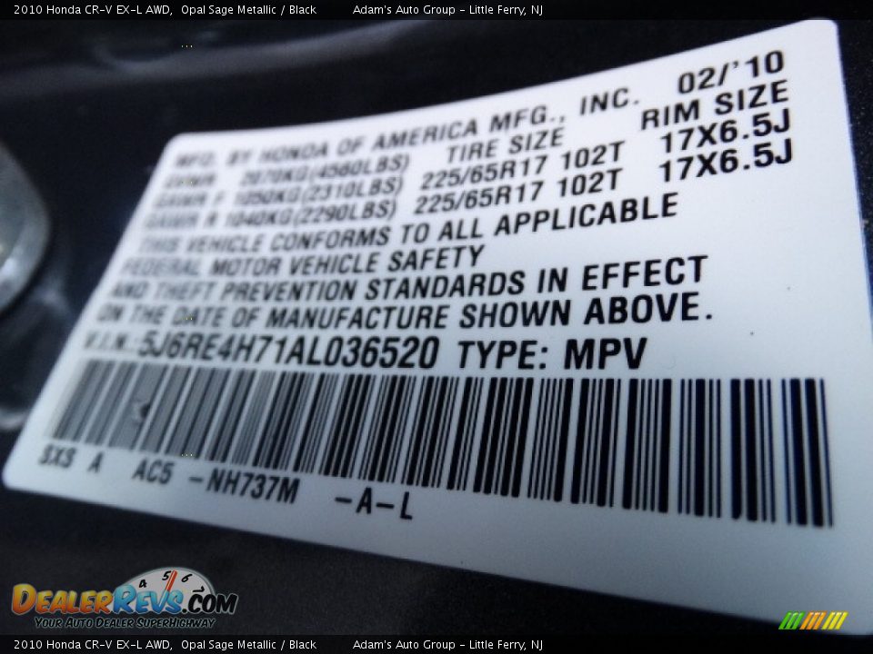 2010 Honda CR-V EX-L AWD Opal Sage Metallic / Black Photo #19