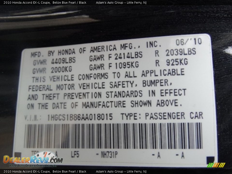 2010 Honda Accord EX-L Coupe Belize Blue Pearl / Black Photo #7