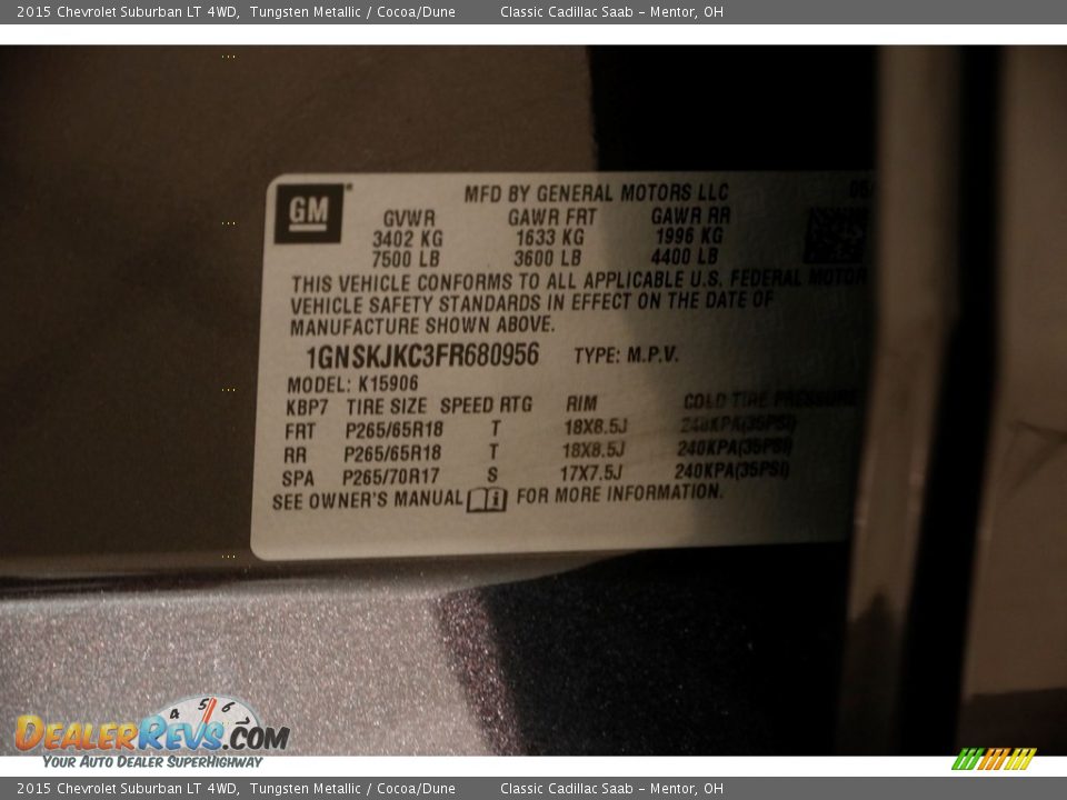 2015 Chevrolet Suburban LT 4WD Tungsten Metallic / Cocoa/Dune Photo #26