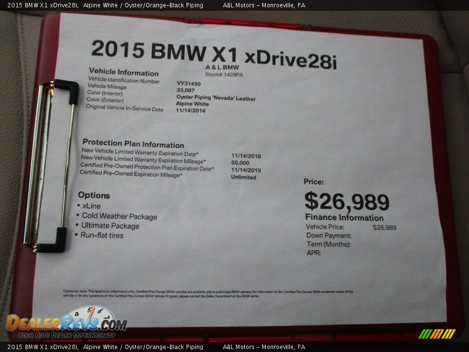 2015 BMW X1 xDrive28i Alpine White / Oyster/Orange-Black Piping Photo #12