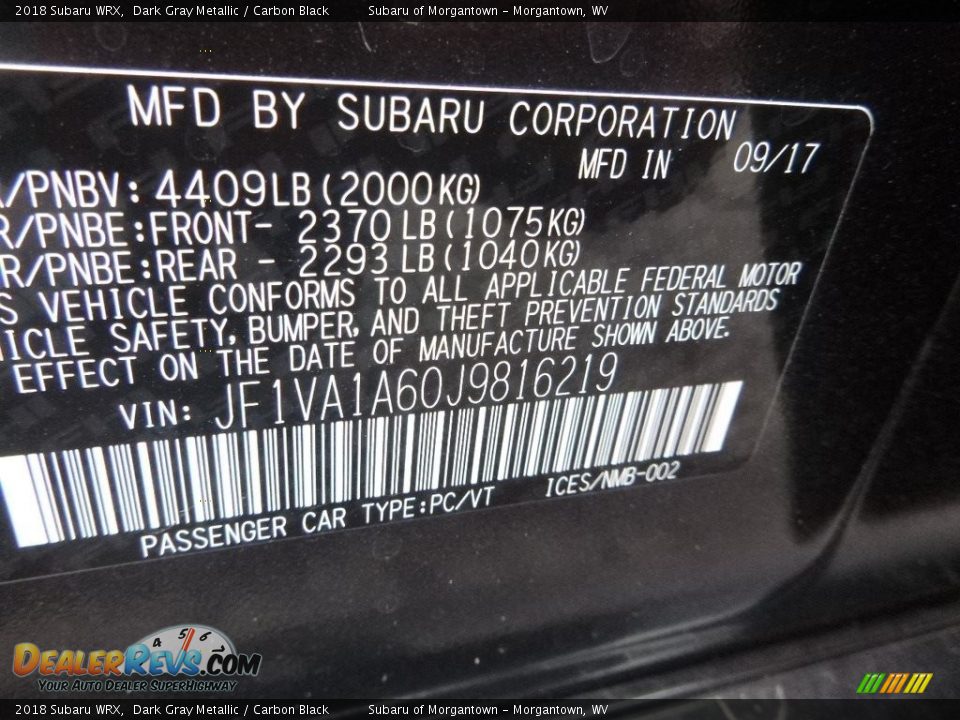 2018 Subaru WRX Dark Gray Metallic / Carbon Black Photo #15