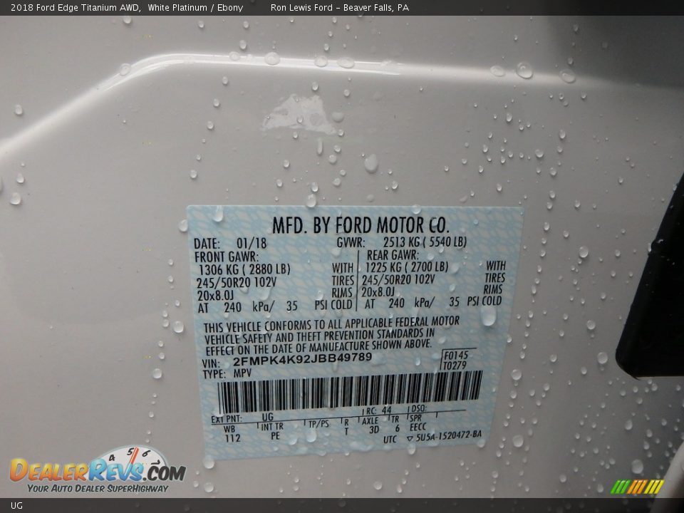 Ford Color Code UG White Platinum