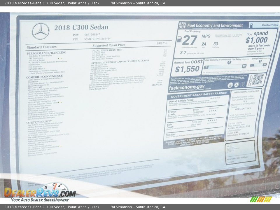 2018 Mercedes-Benz C 300 Sedan Polar White / Black Photo #11