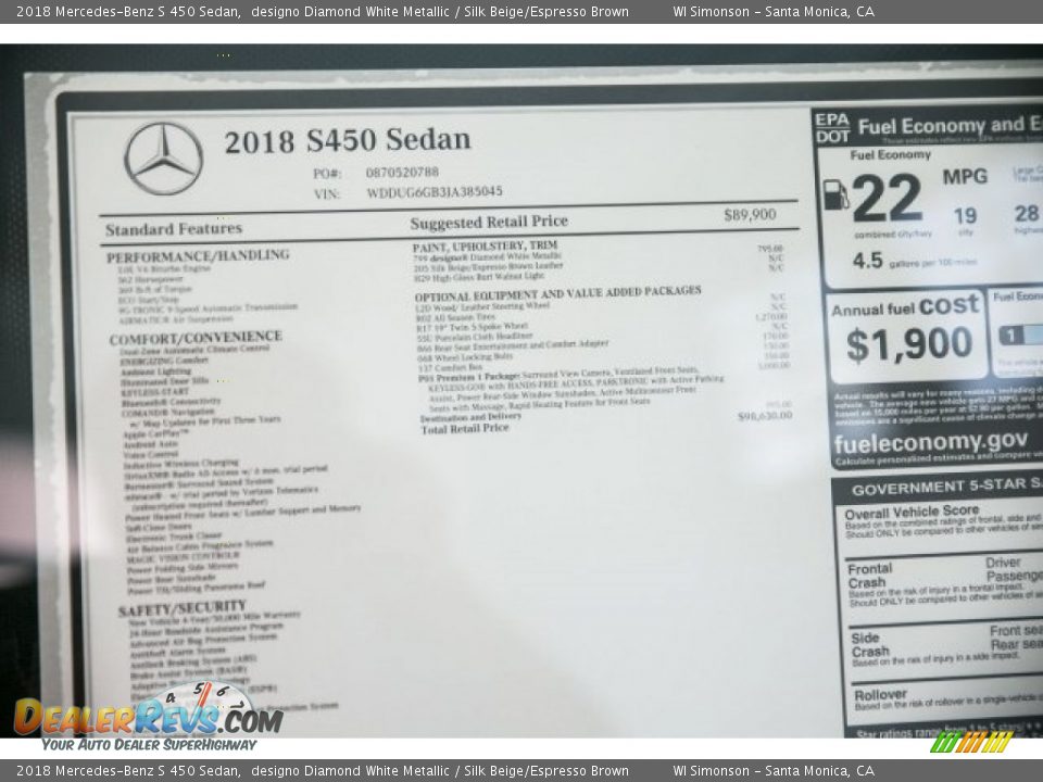 2018 Mercedes-Benz S 450 Sedan designo Diamond White Metallic / Silk Beige/Espresso Brown Photo #10