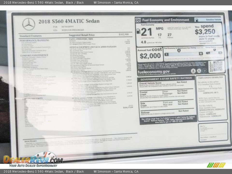 2018 Mercedes-Benz S 560 4Matic Sedan Window Sticker Photo #11