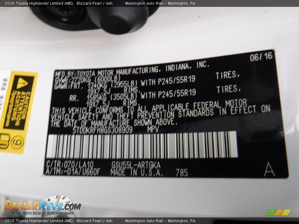 2016 Toyota Highlander Limited AWD Blizzard Pearl / Ash Photo #35