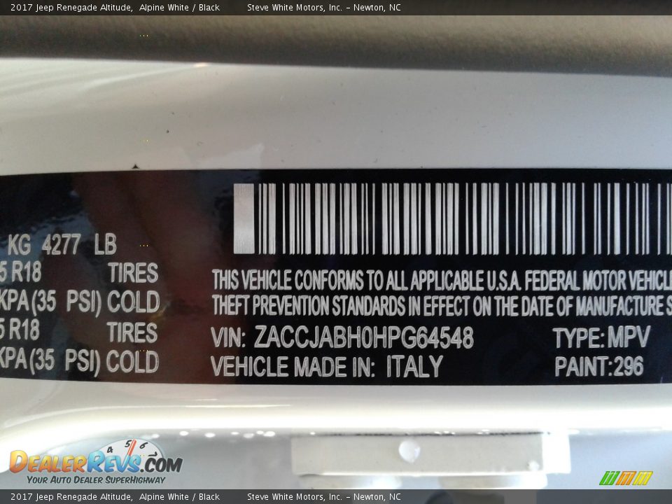 2017 Jeep Renegade Altitude Alpine White / Black Photo #28