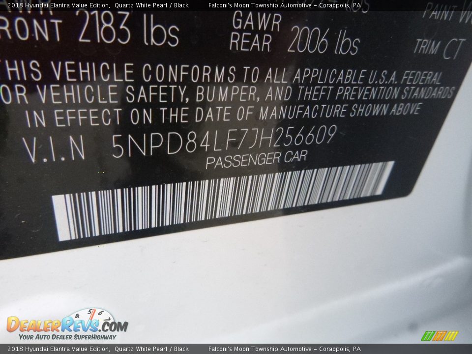 2018 Hyundai Elantra Value Edition Quartz White Pearl / Black Photo #13