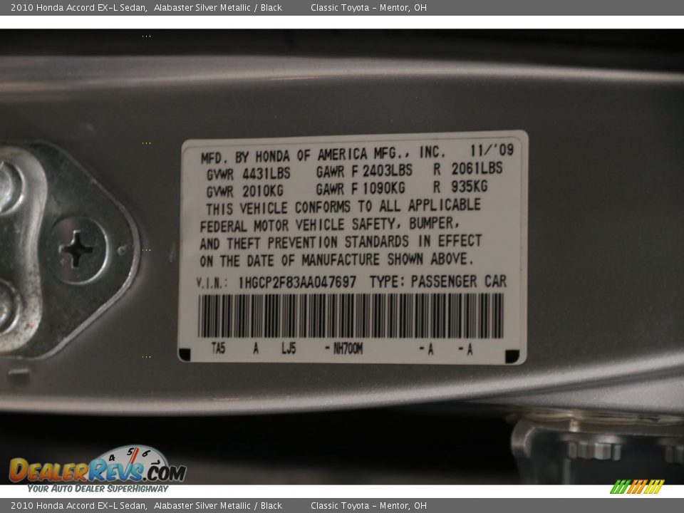 2010 Honda Accord EX-L Sedan Alabaster Silver Metallic / Black Photo #22