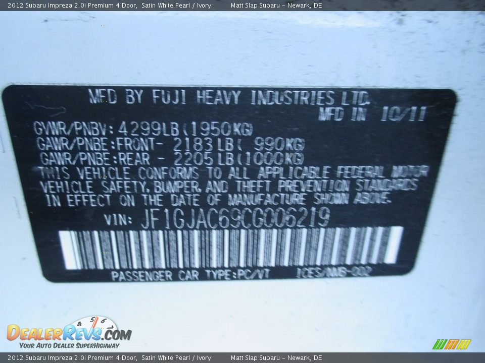 2012 Subaru Impreza 2.0i Premium 4 Door Satin White Pearl / Ivory Photo #28