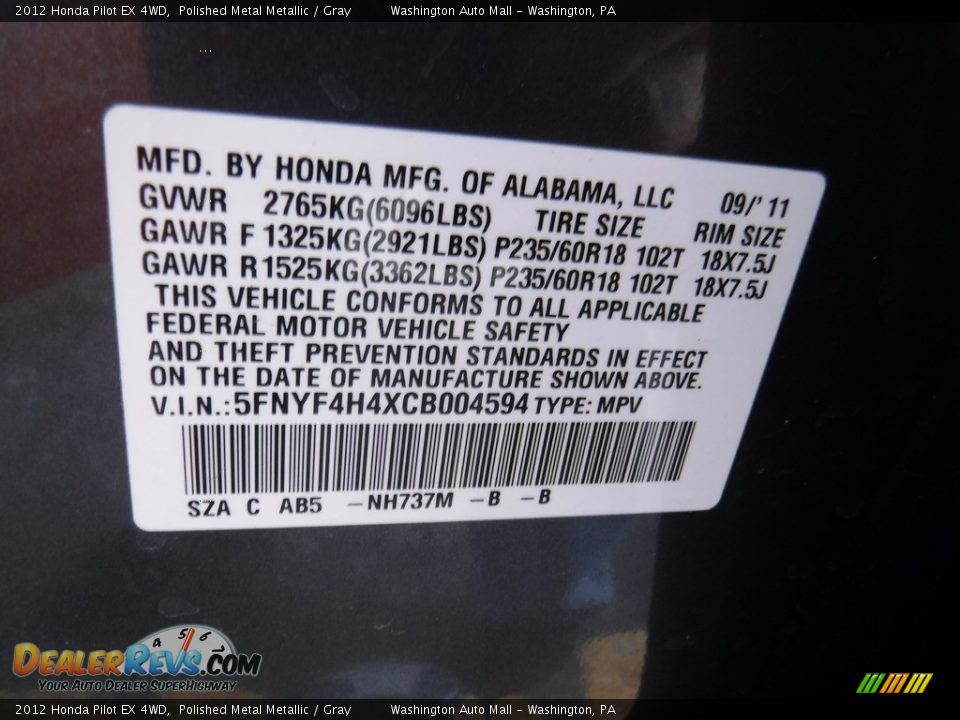 2012 Honda Pilot EX 4WD Polished Metal Metallic / Gray Photo #25