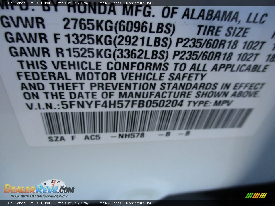2015 Honda Pilot EX-L 4WD Taffeta White / Gray Photo #19