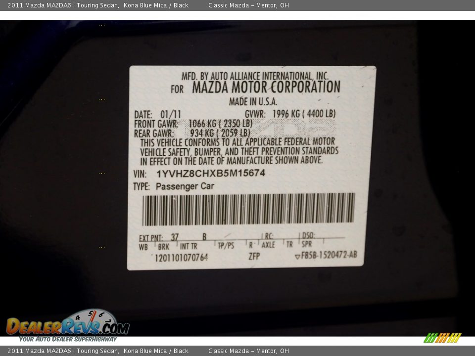 2011 Mazda MAZDA6 i Touring Sedan Kona Blue Mica / Black Photo #19