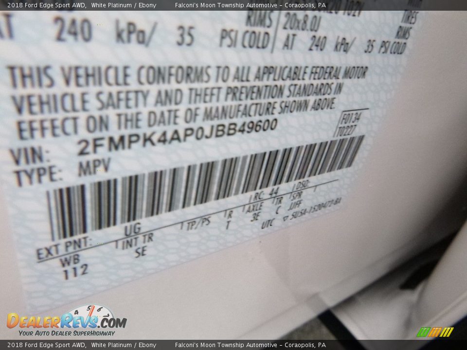 2018 Ford Edge Sport AWD White Platinum / Ebony Photo #12