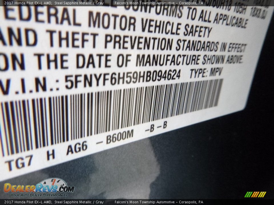 2017 Honda Pilot EX-L AWD Steel Sapphire Metallic / Gray Photo #12