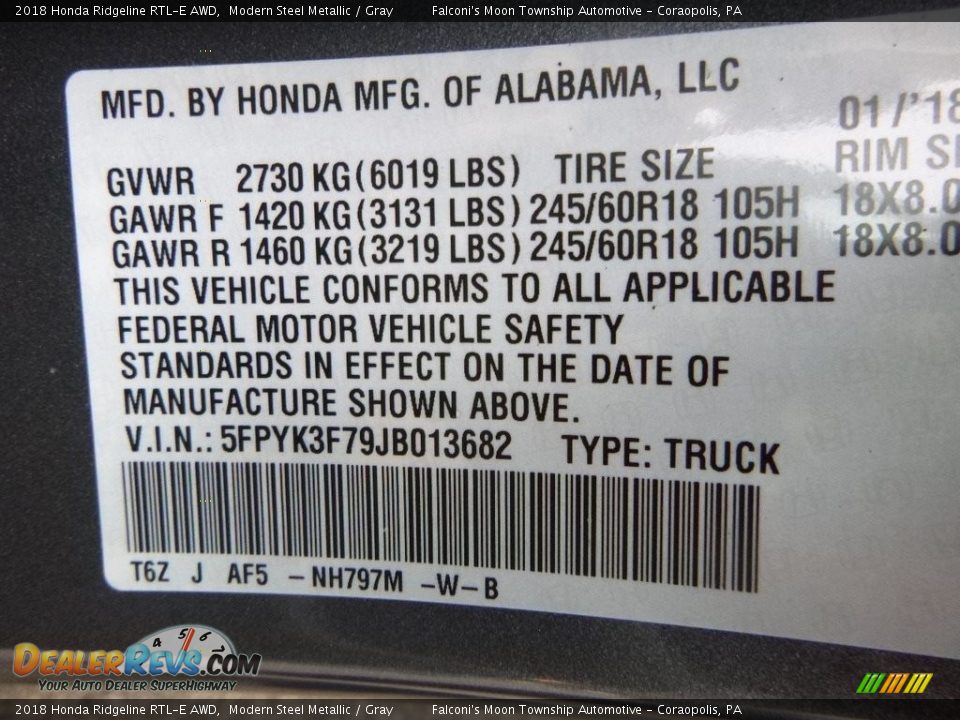 2018 Honda Ridgeline RTL-E AWD Modern Steel Metallic / Gray Photo #11