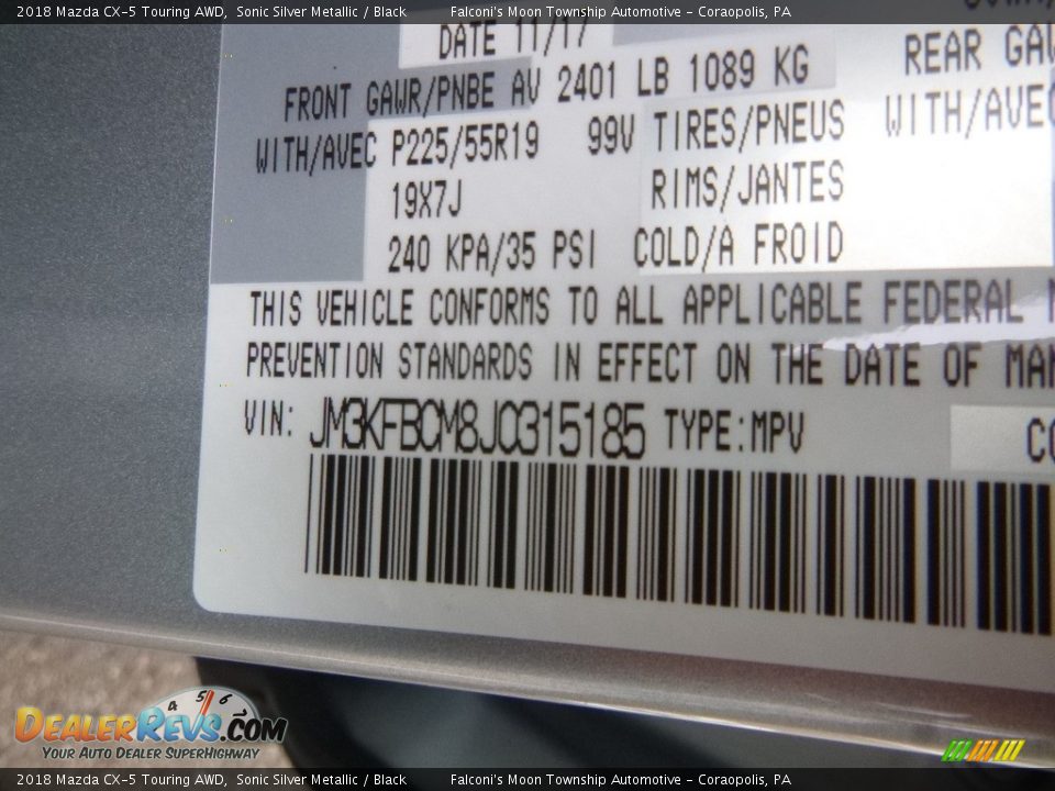 2018 Mazda CX-5 Touring AWD Sonic Silver Metallic / Black Photo #11